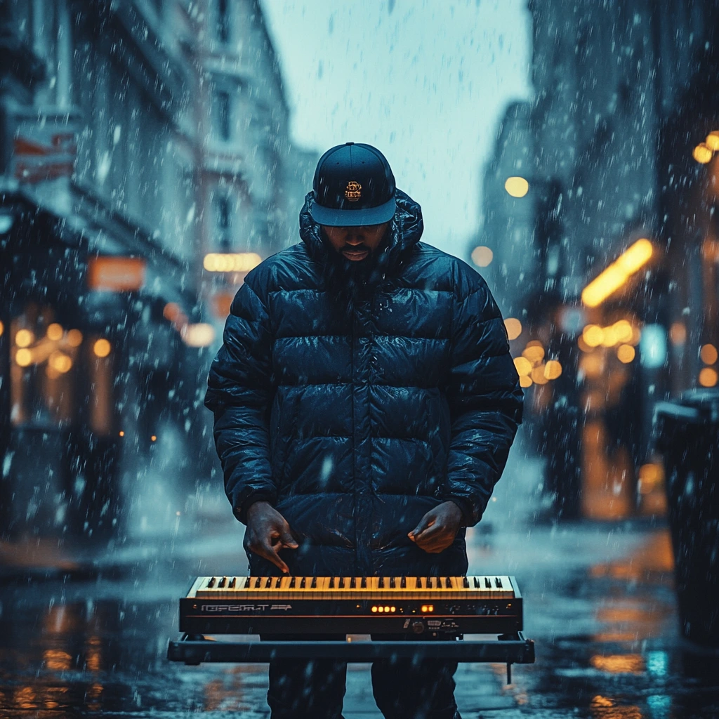 A vibrant outdoor performance showcasing an artist representing high-energy UK Rap, surrounded by an enthusiastic crowd.
