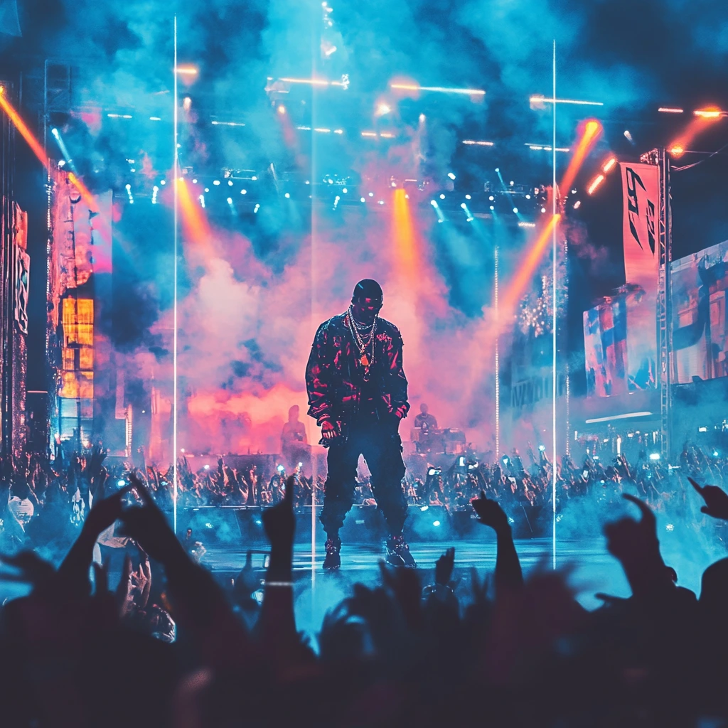 A trap artist performing on an outdoor stage, surrounded by a massive, energetic crowd under vibrant blue and orange lights, capturing the essence of trap beats on BeatValhalla: "Carta Blanca," "Prada," and "Asgard"—the sound of modern trap culture.