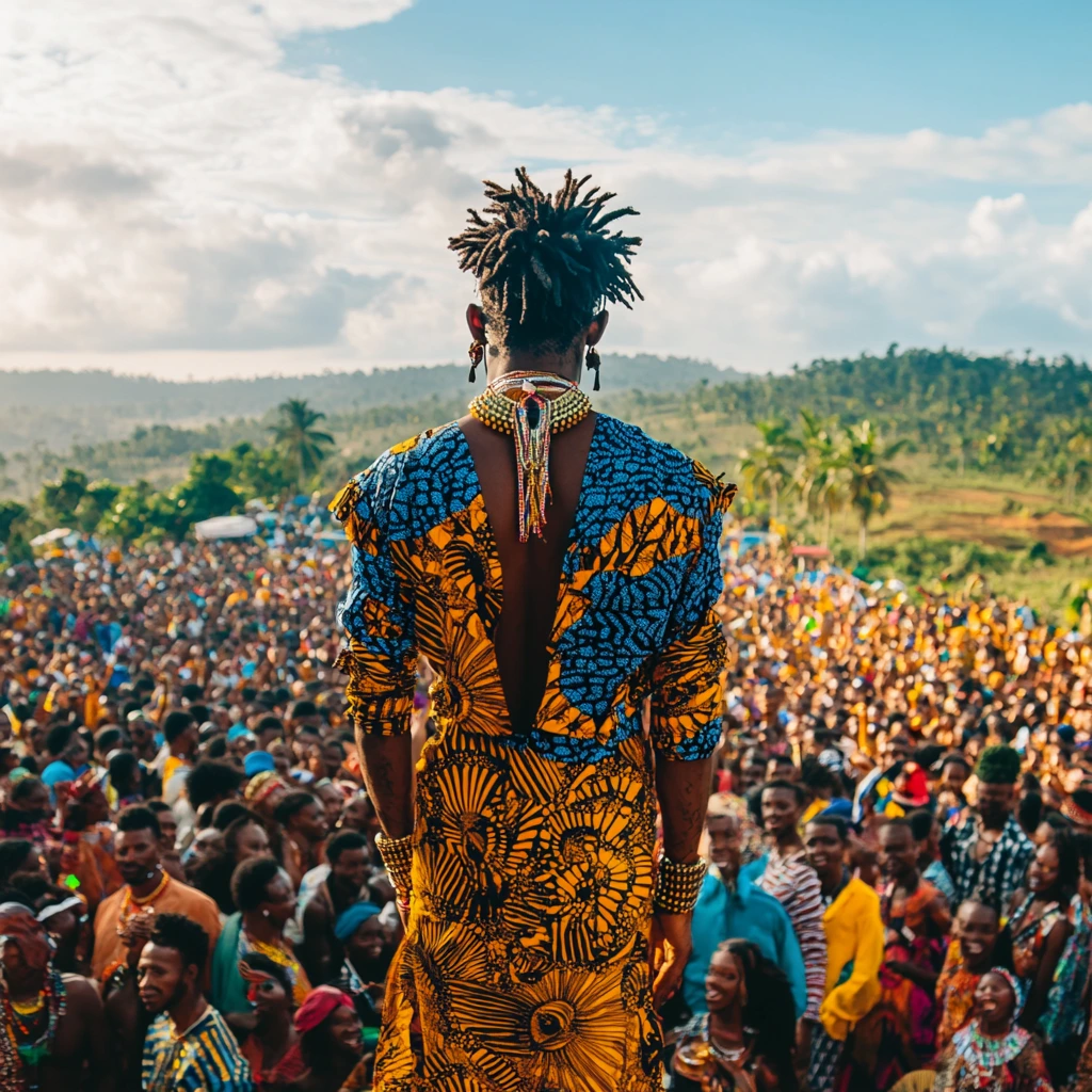 A performer in colorful attire captivates a large crowd at a tropical Afrobeat music festival.